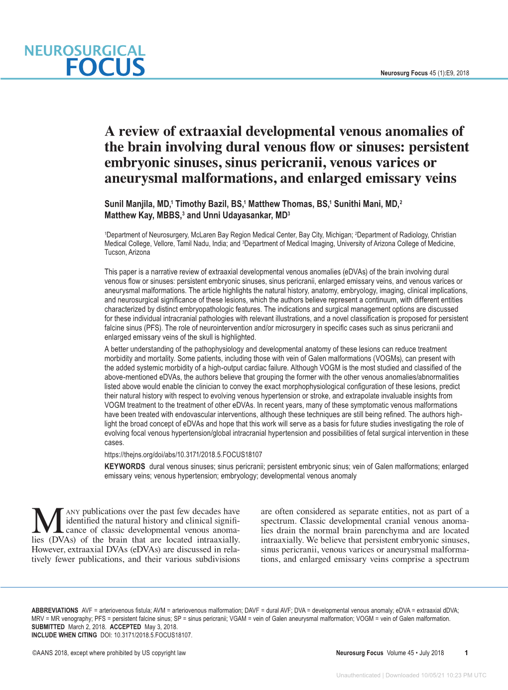 A Review of Extraaxial Developmental Venous Anomalies of the Brain