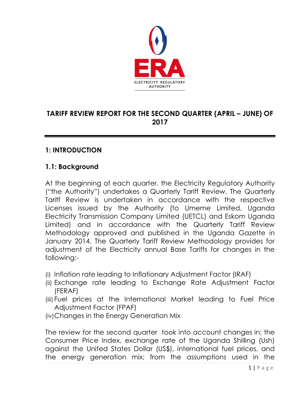 Uganda Tariff Review Report for Q2 2017.Pdf