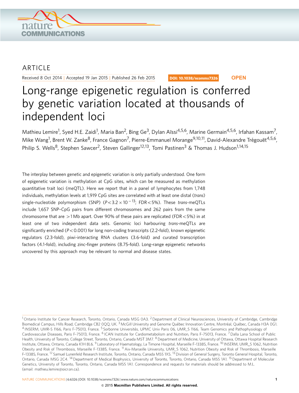 Long-Range Epigenetic Regulation Is Conferred by Genetic Variation Located at Thousands of Independent Loci