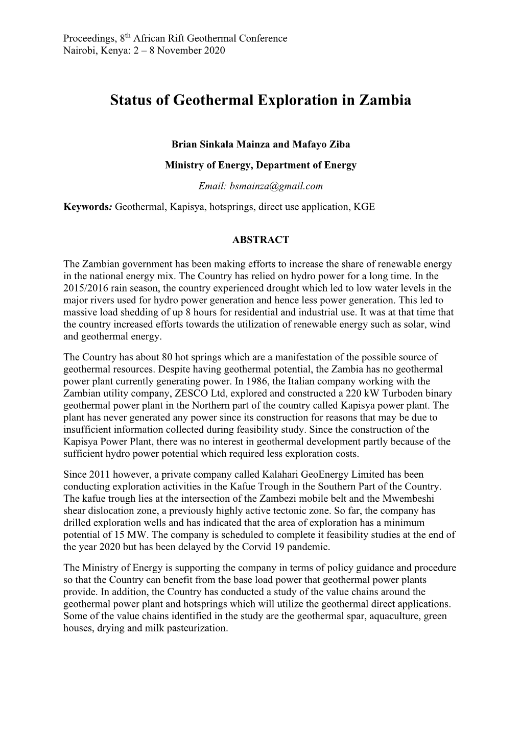 Status of Geothermal Exploration in Zambia