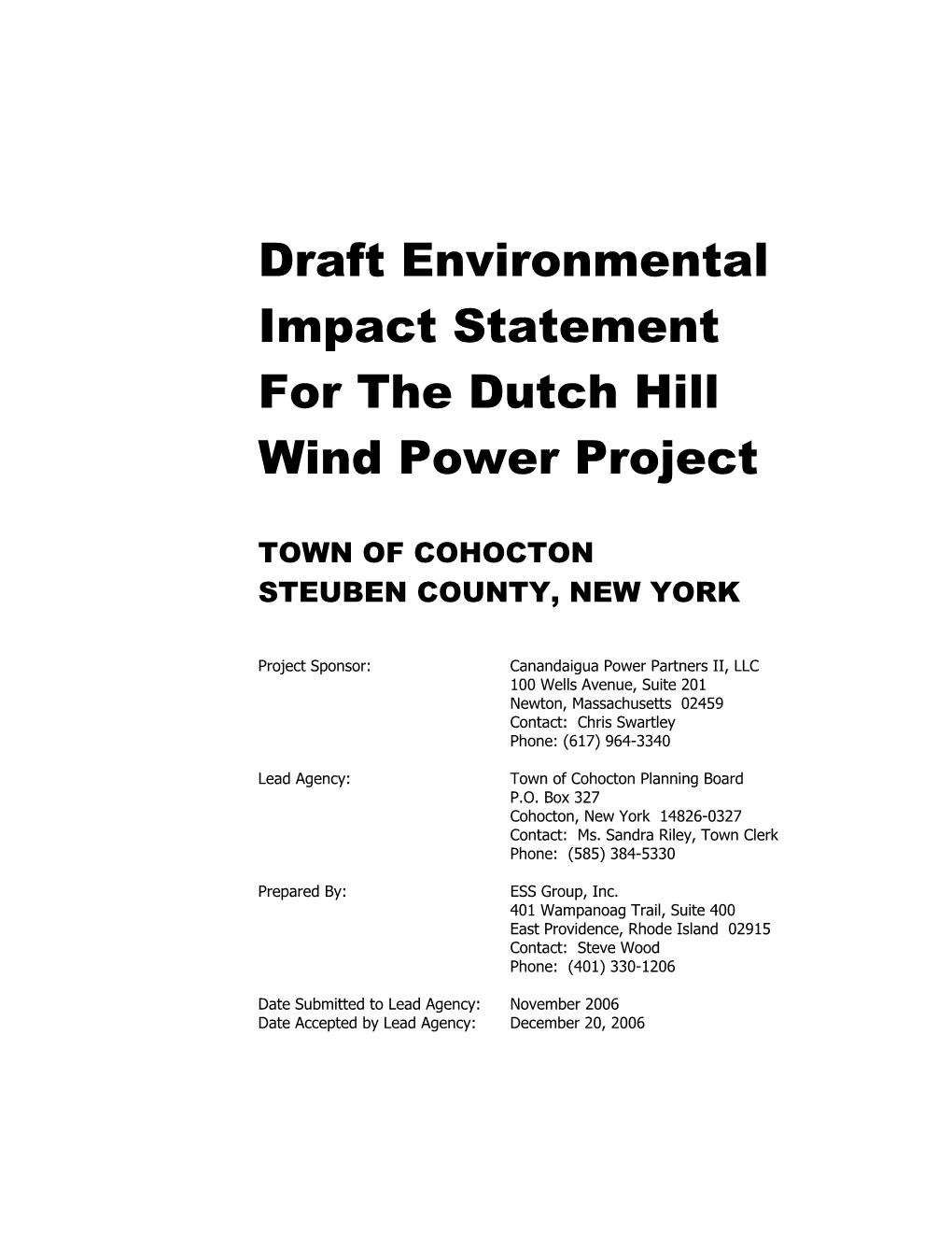Draft Environmental Impact Statement for the Dutch Hill Wind Power Project