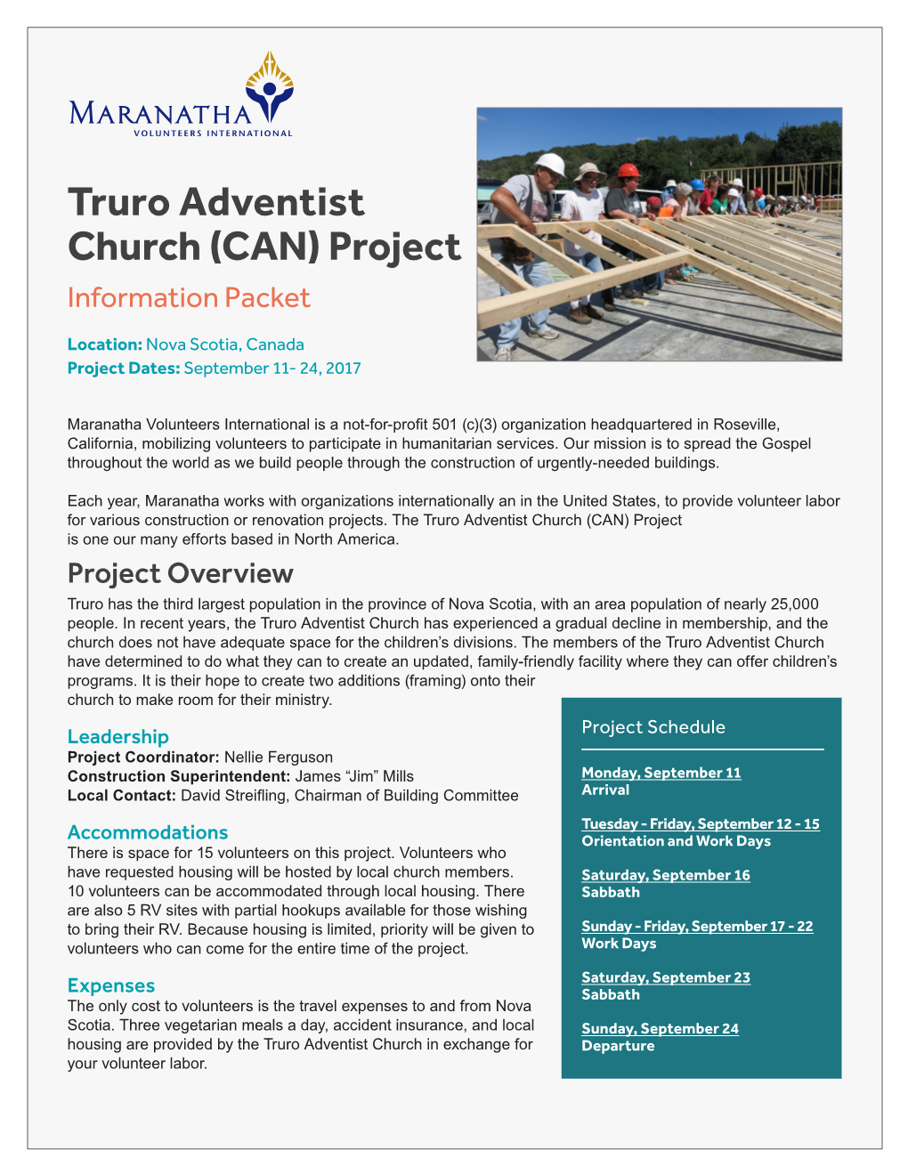 Truro Adventist Church (CAN) Project Information Packet