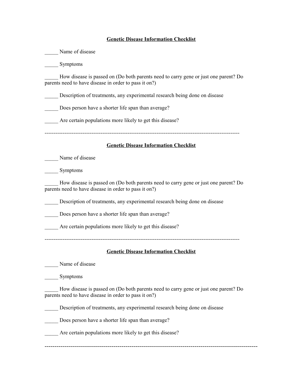 Genetic Disease Information Checklist