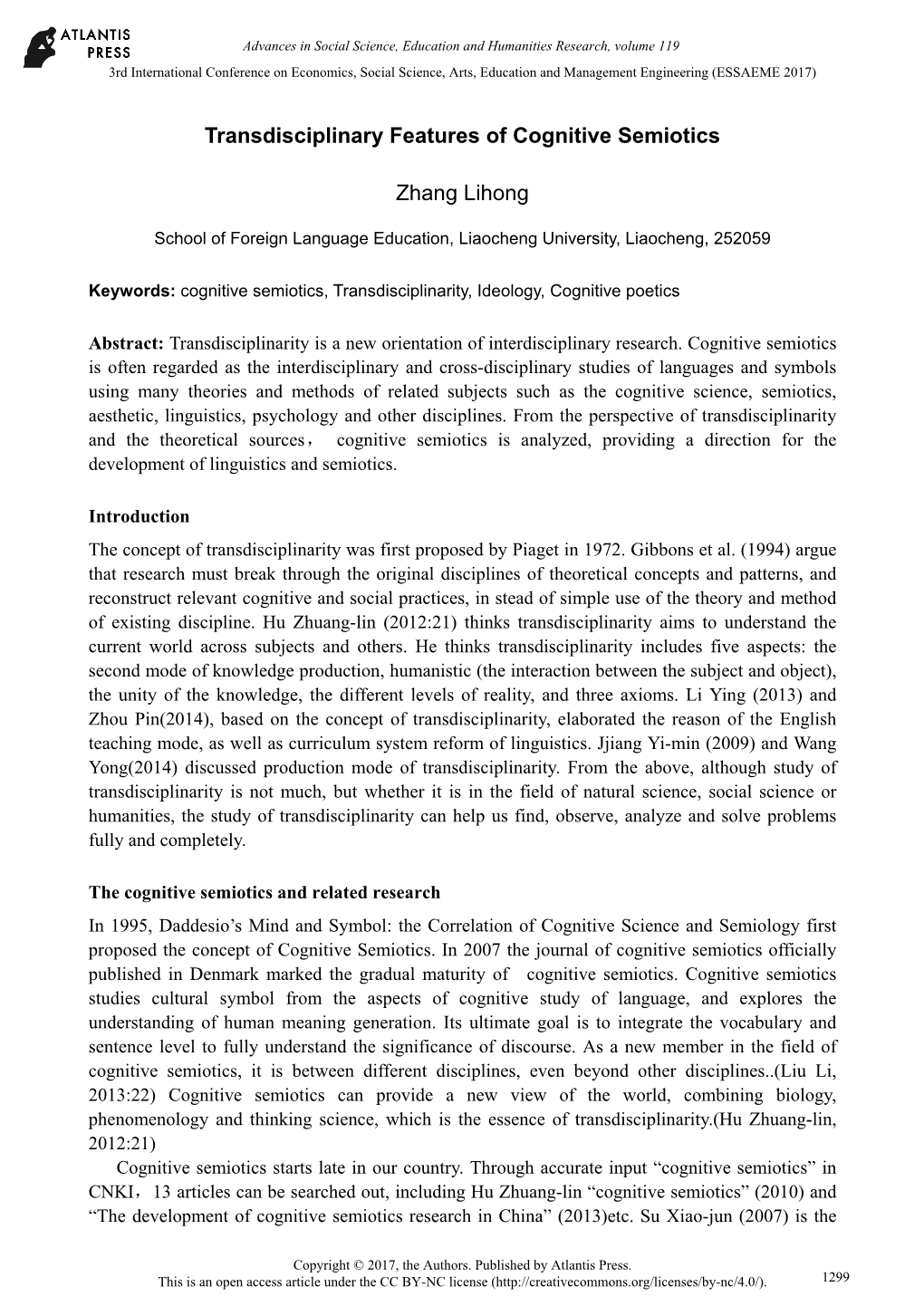 Transdisciplinary Features of Cognitive Semiotics Zhang Lihong