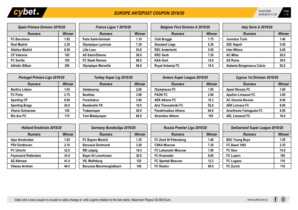 Europe Antepost Coupon 2019/20 24/08/2019 11:29 1 / 6