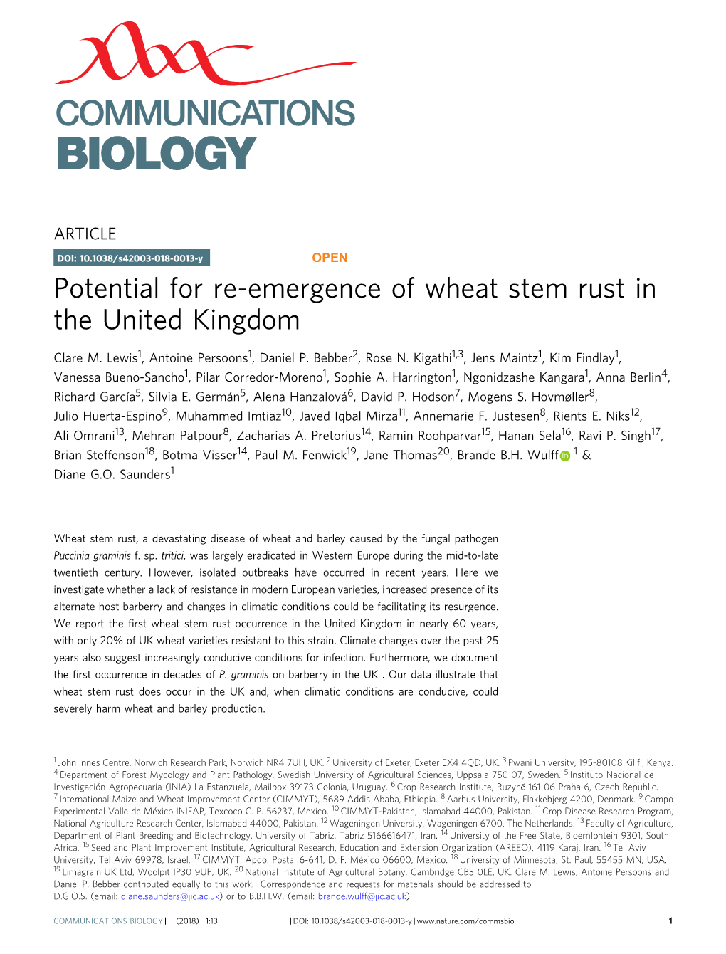 Potential for Re-Emergence of Wheat Stem Rust in the United Kingdom