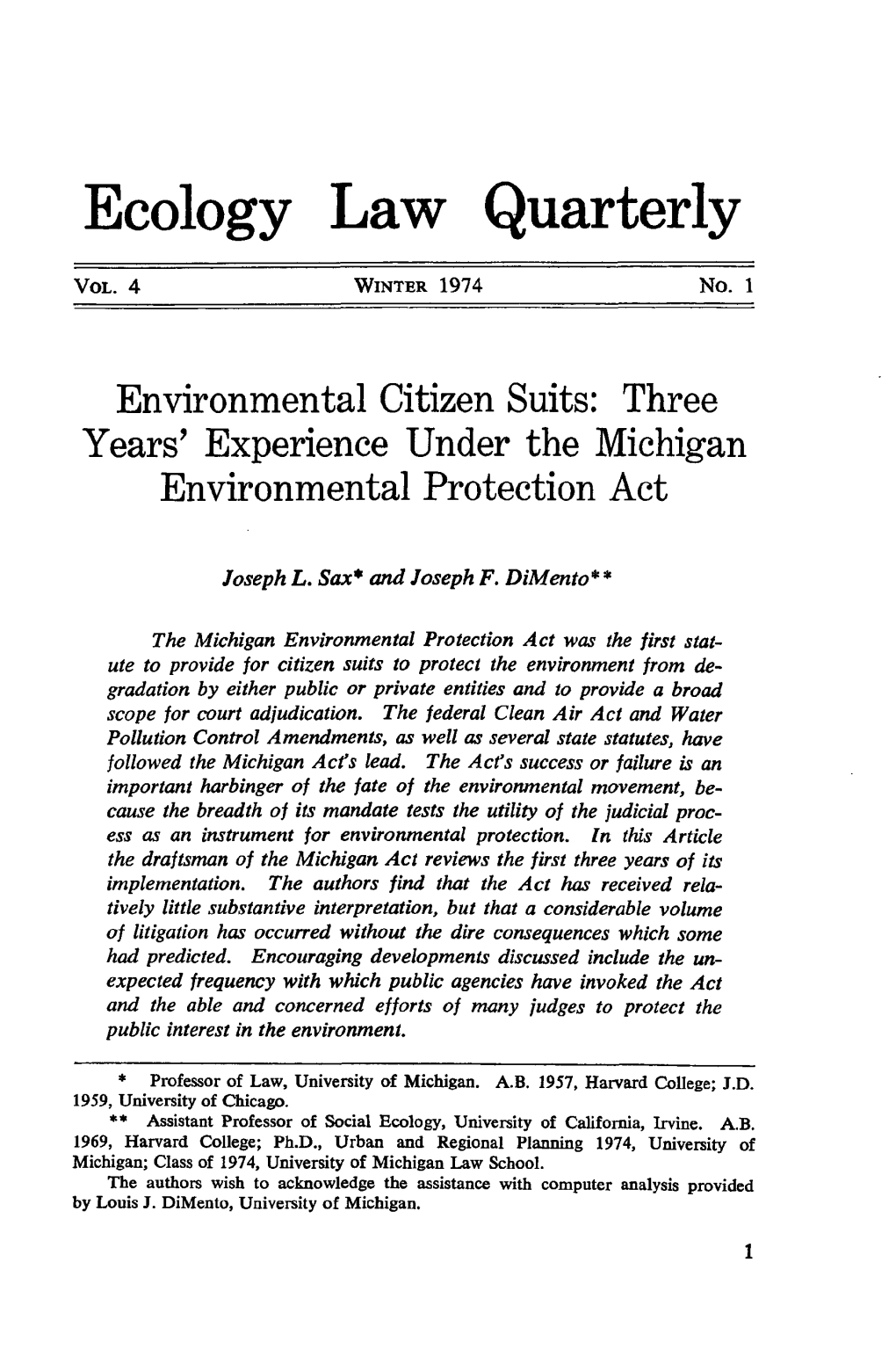 Environmental Citizen Suits: Three Years' Experience Under the Michigan Environmental Protection Act