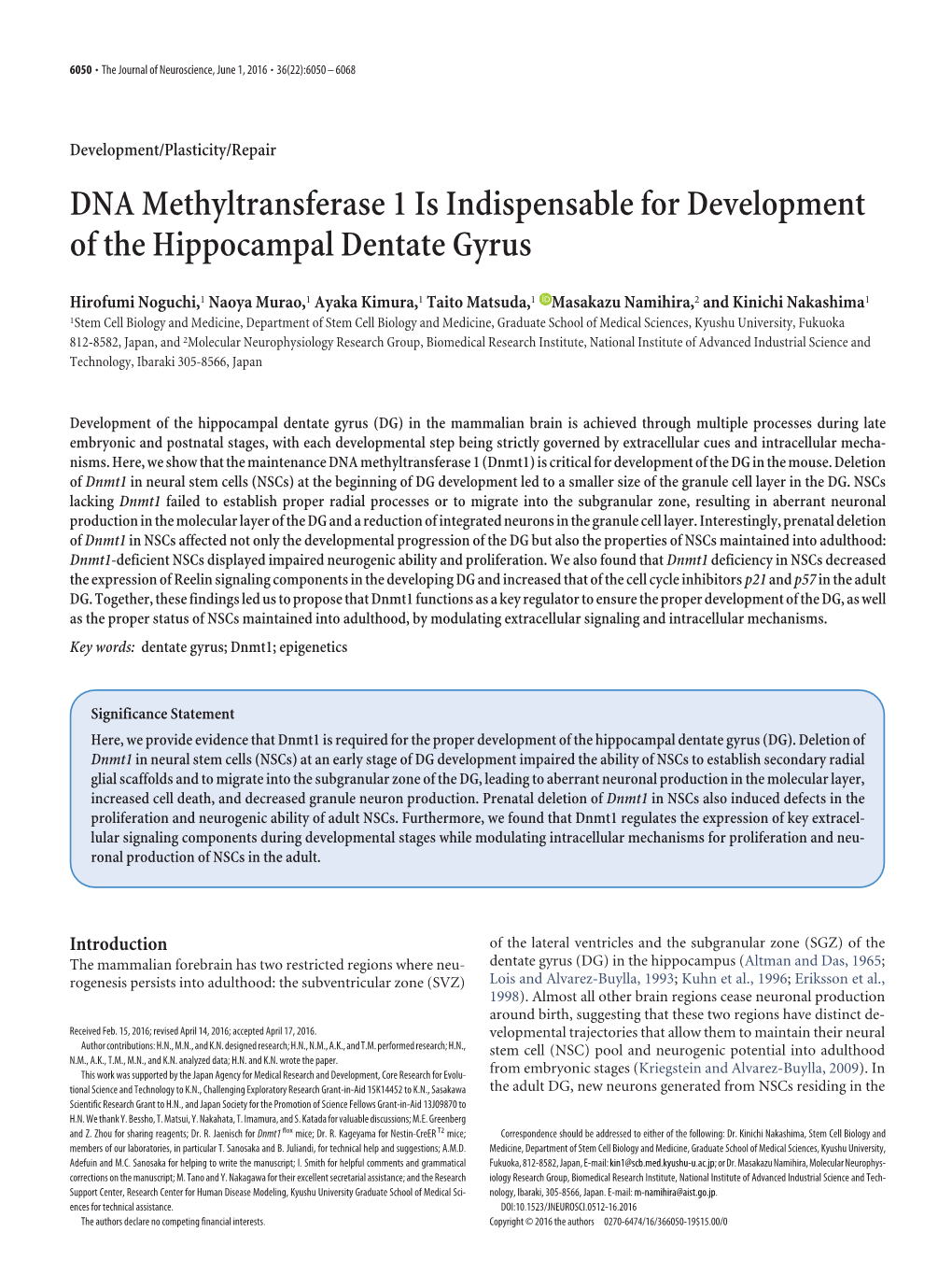DNA Methyltransferase 1 Is Indispensable for Development of the Hippocampal Dentate Gyrus