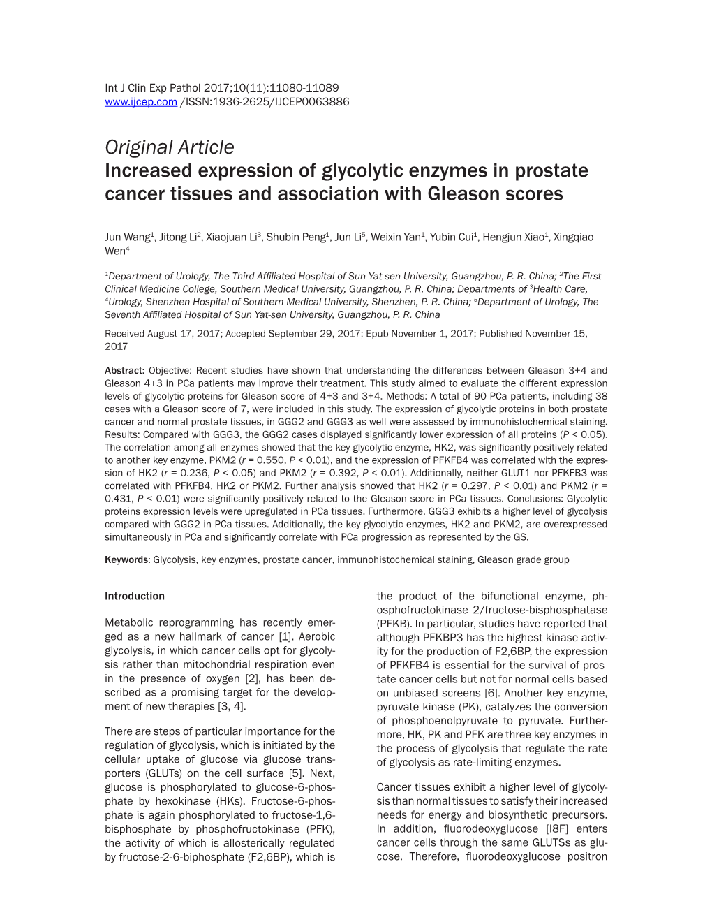Original Article Increased Expression of Glycolytic Enzymes in Prostate Cancer Tissues and Association with Gleason Scores