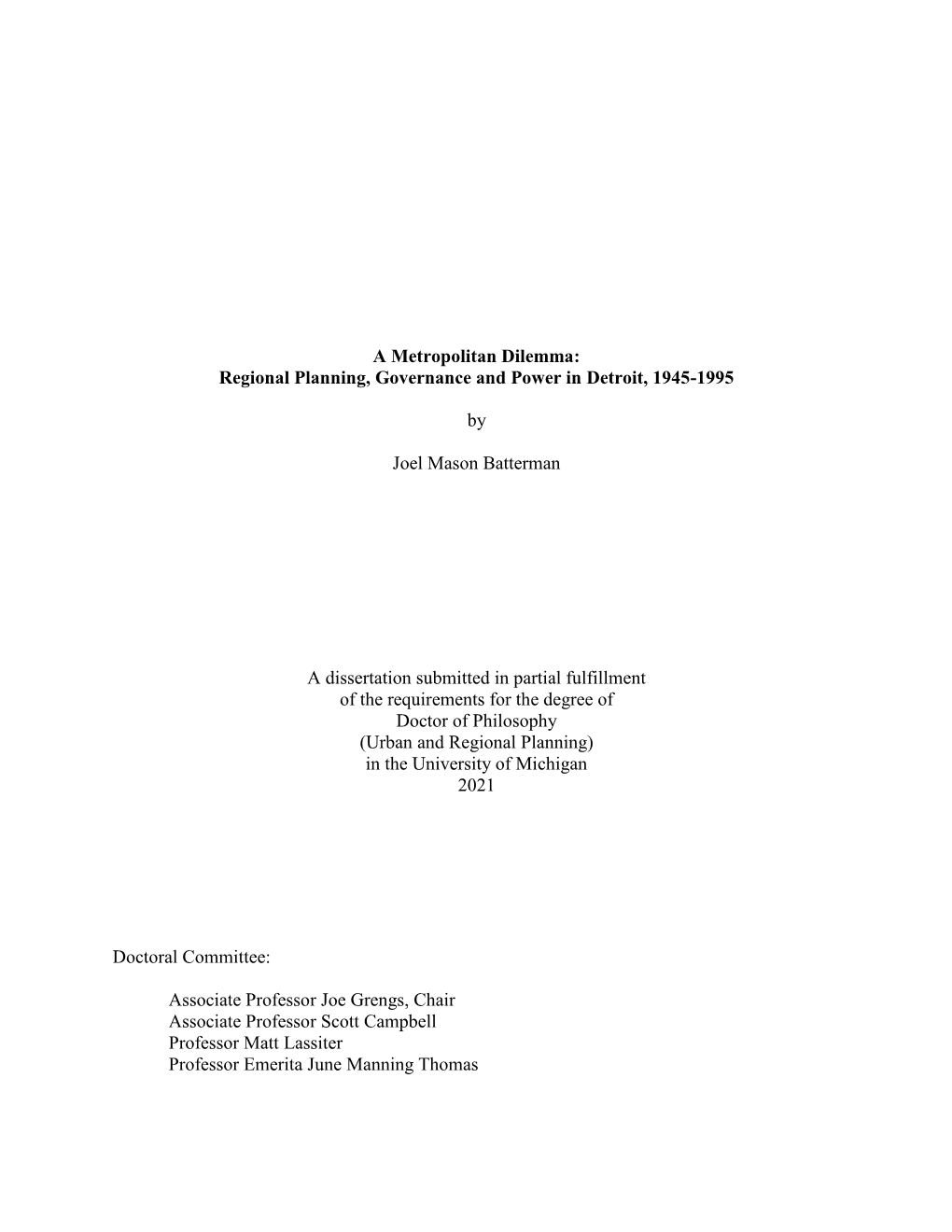 Regional Planning, Governance and Power in Detroit, 1945-1995 by Joel