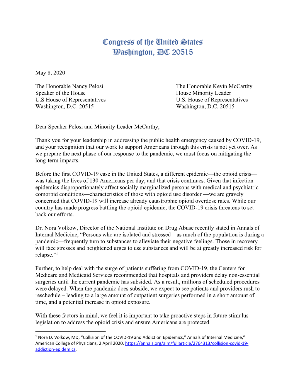 Letters Members of Congress Urge House Leadership to Include NOPAIN Act in Forthcoming Relief Package