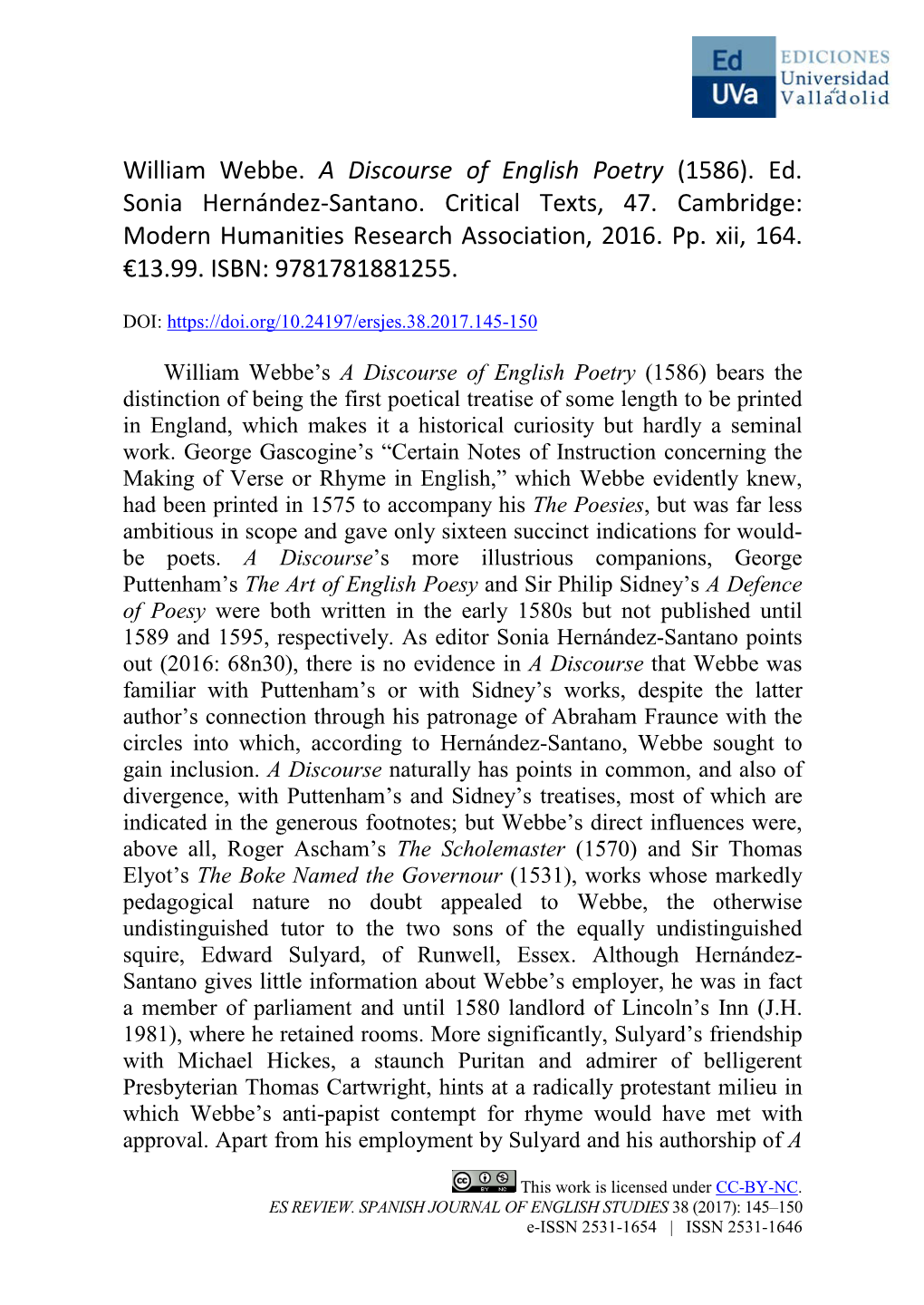 William Webbe. a Discourse of English Poetry (1586). Ed. Sonia Hernández-Santano