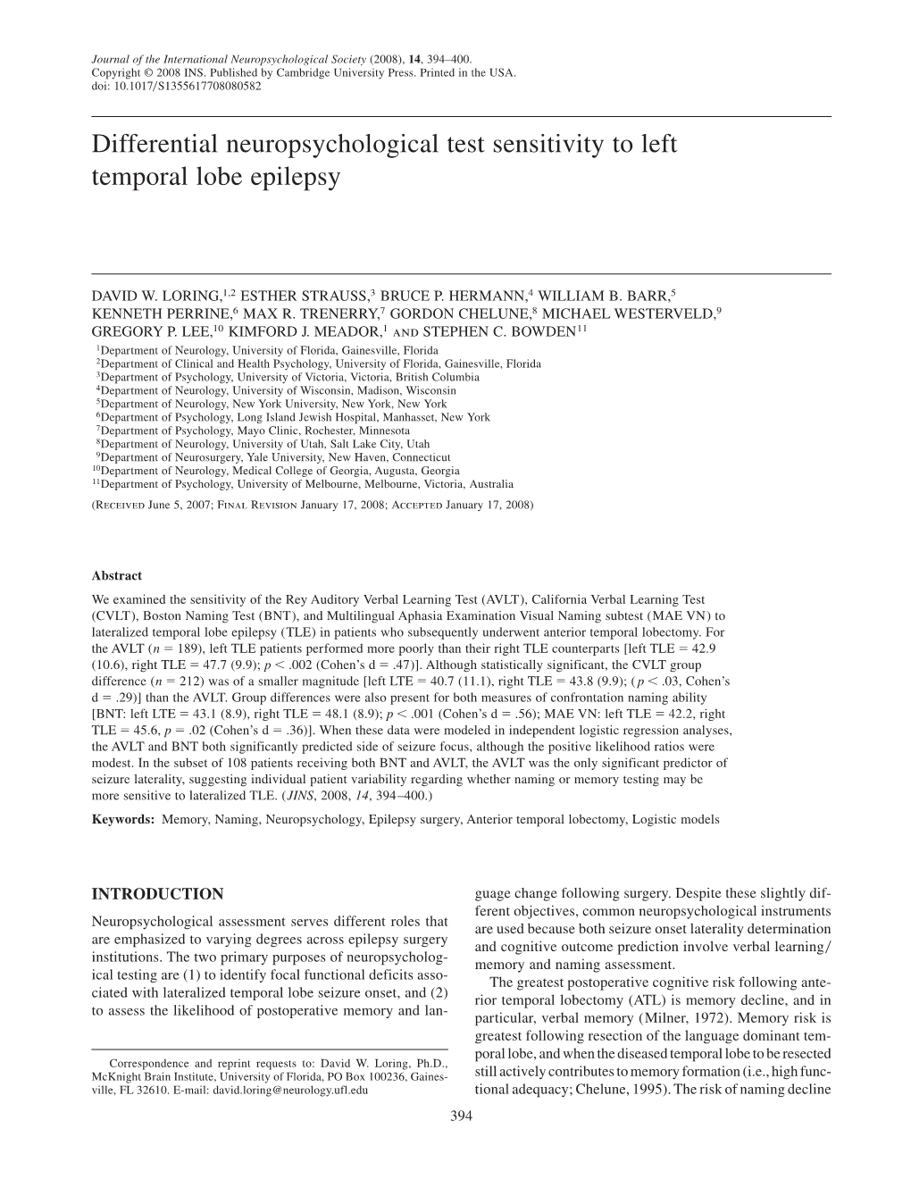 Differential Neuropsychological Test Sensitivity to Left Temporal Lobe Epilepsy