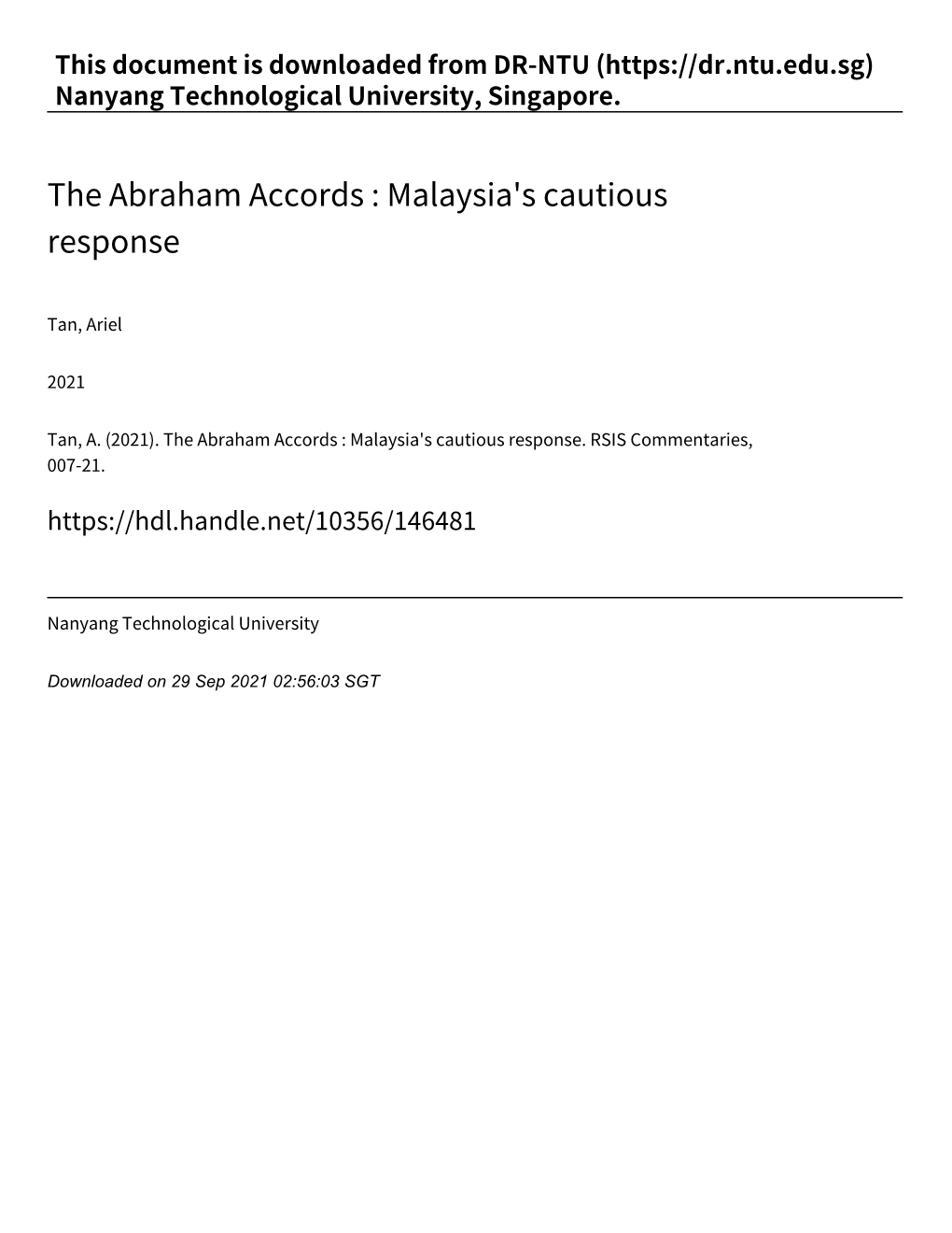 The Abraham Accords : Malaysia's Cautious Response