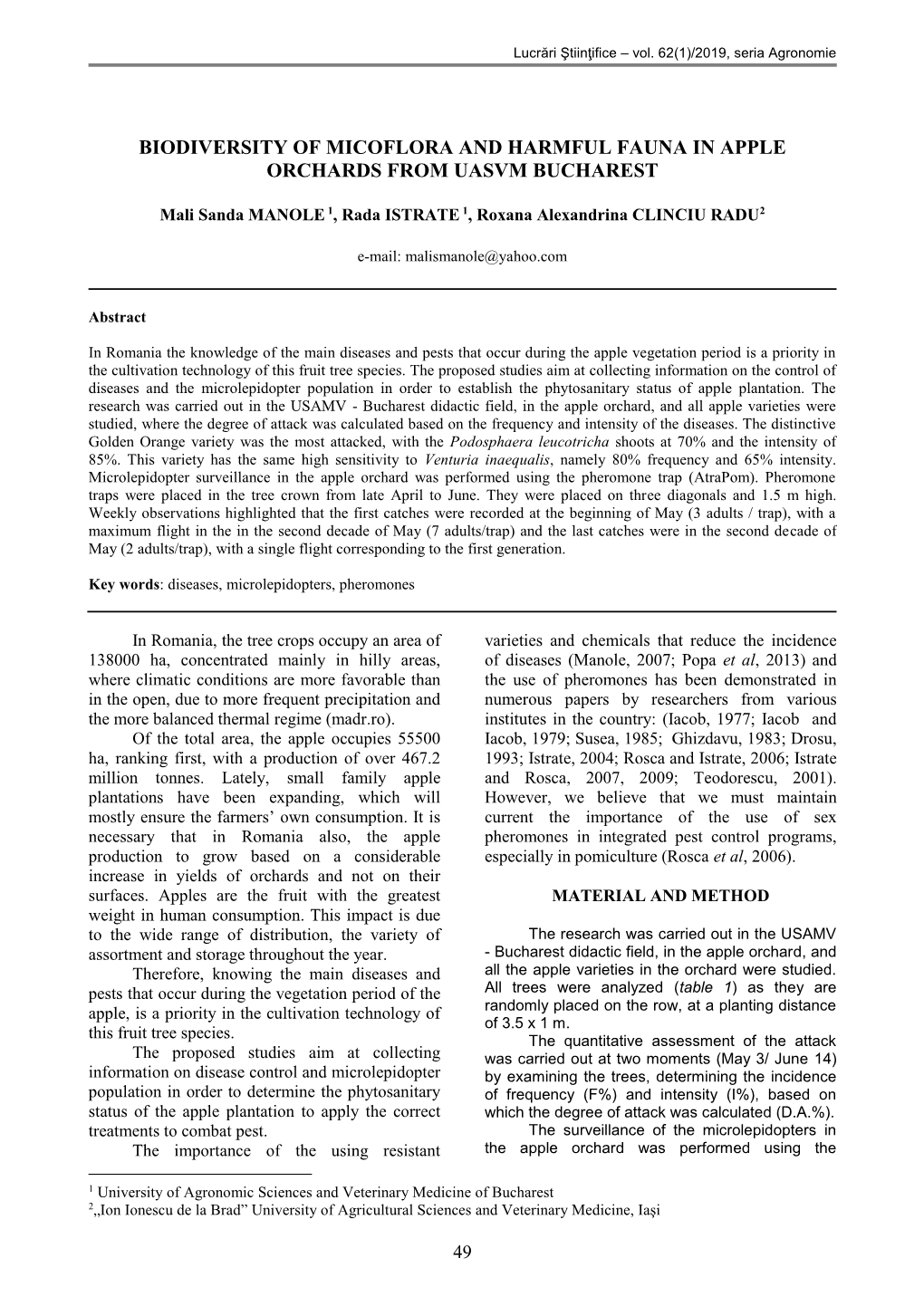 Biodiversity of Micoflora and Harmful Fauna in Apple Orchards from Uasvm Bucharest