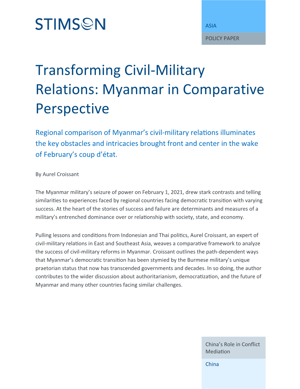 Transforming Civil-Military Relations: Myanmar in Comparative Perspective
