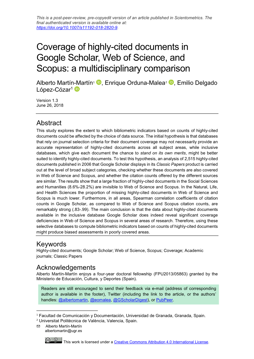 Coverage of Highly-Cited Documents in Google Scholar, Web of Science, and Scopus: a Multidisciplinary Comparison