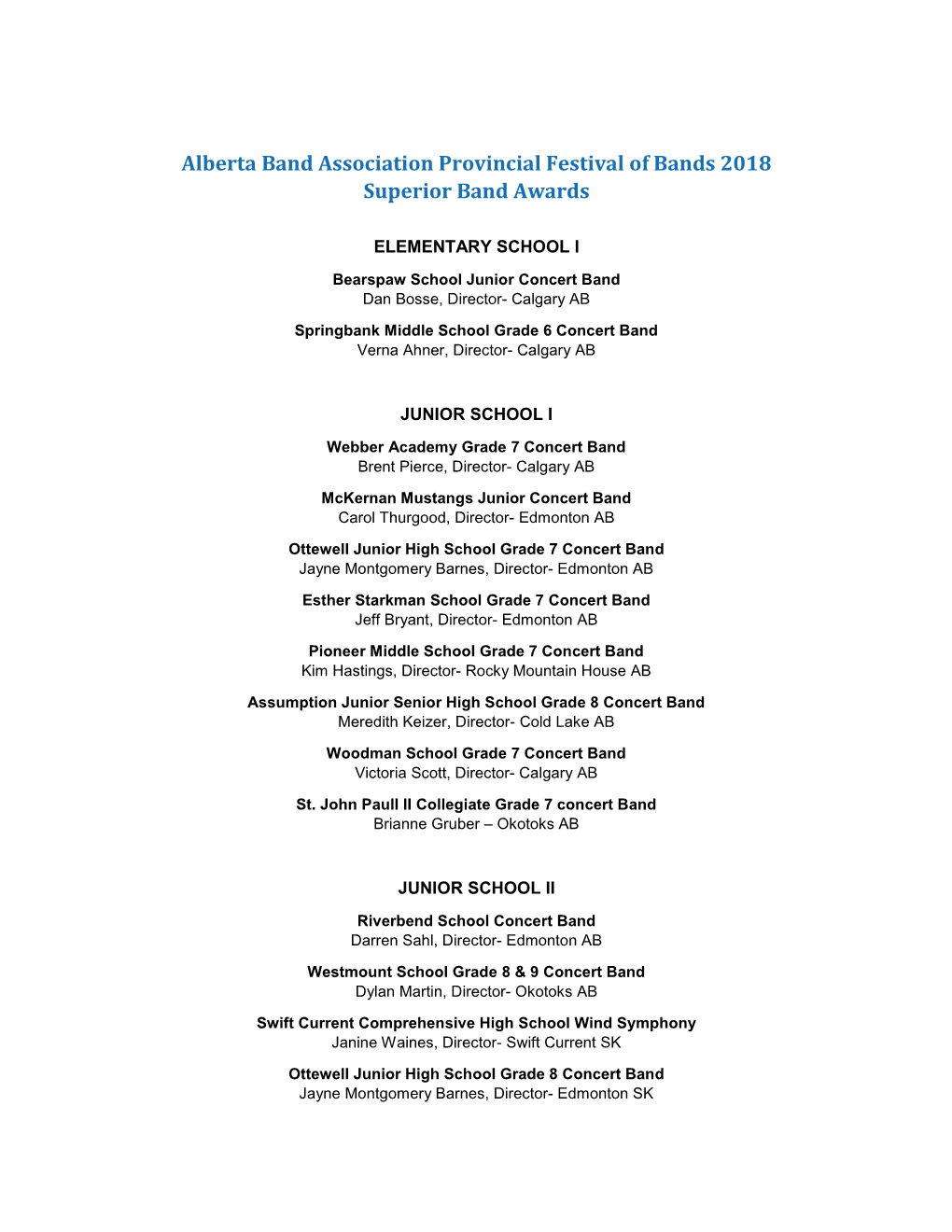 Alberta Band Association Provincial Festival of Bands 2018 Superior Band Awards