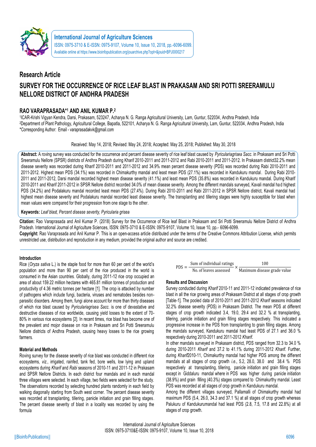 Research Article SURVEY for the OCCURRENCE of RICE LEAF BLAST in PRAKASAM and SRI POTTI SREERAMULU NELLORE DISTRICT of ANDHRA PRADESH