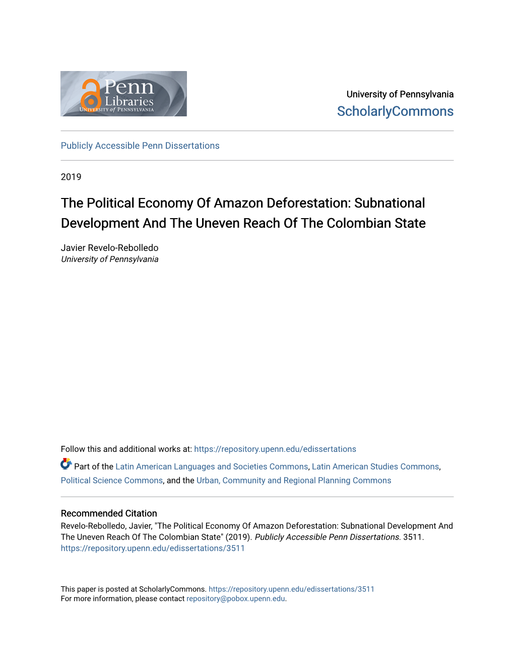 The Political Economy of Amazon Deforestation: Subnational Development and the Uneven Reach of the Colombian State