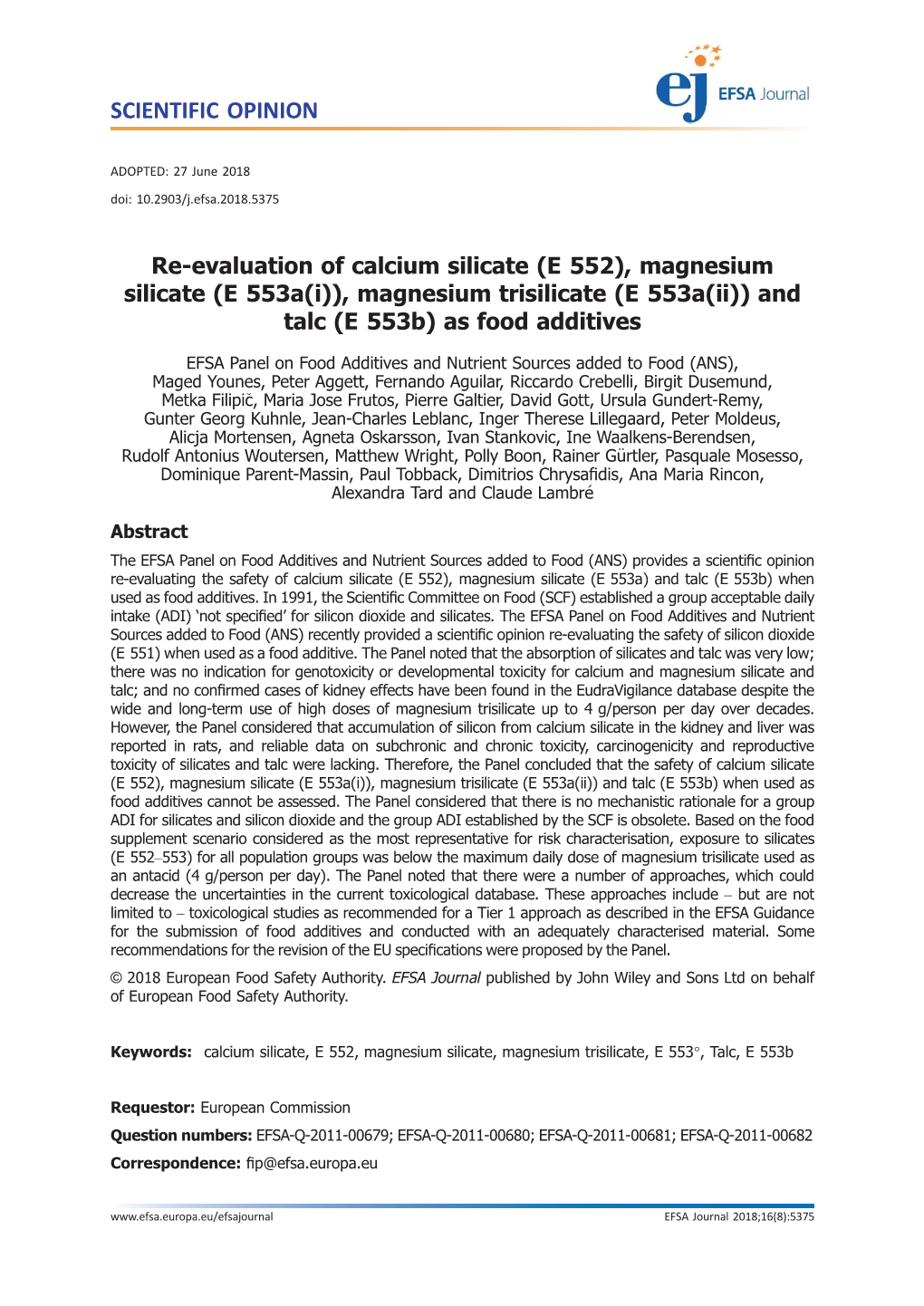 Magnesium Trisilicate (E 553A(Ii)) and Talc (E 553B) As Food Additives