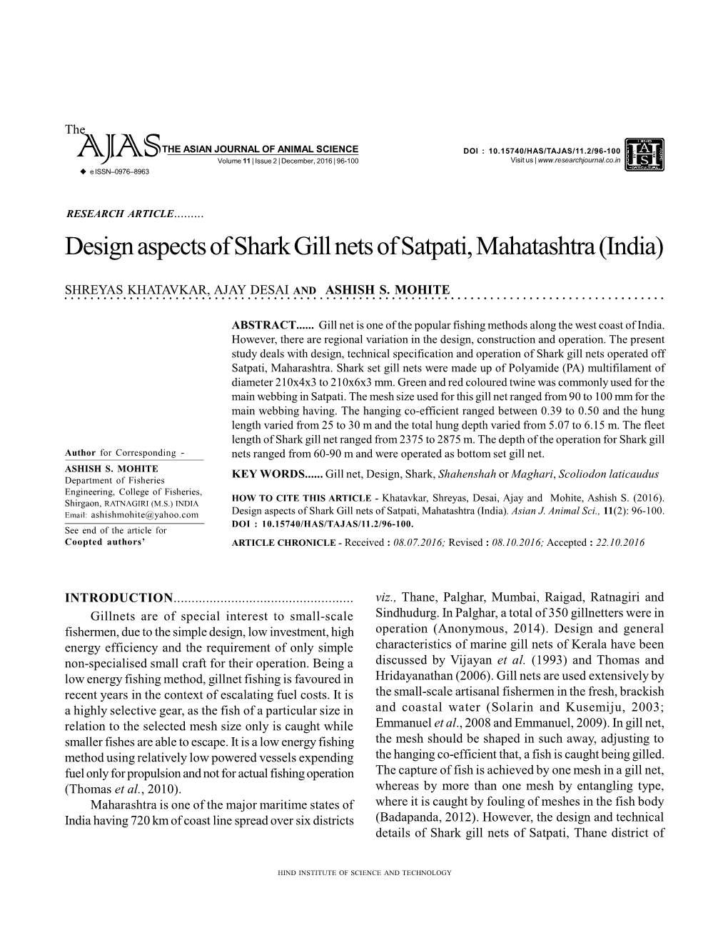 Design Aspects of Shark Gill Nets of Satpati, Mahatashtra (India)