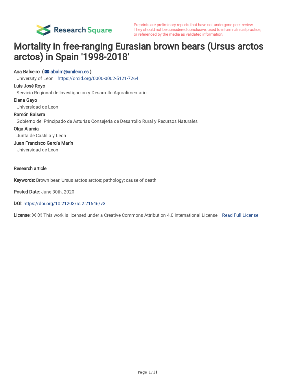 Ursus Arctos Arctos) in Spain '1998-2018'