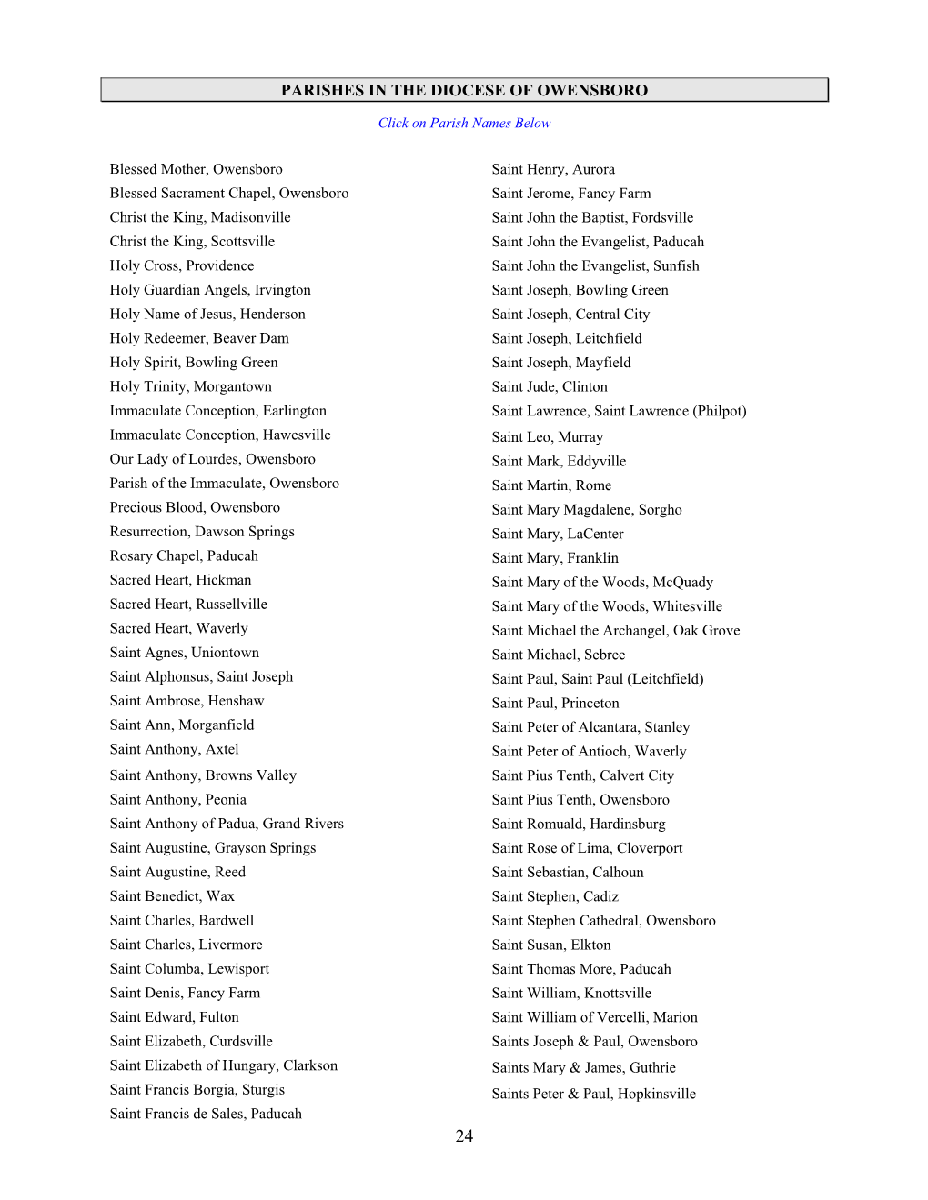 Parishes in the Diocese of Owensboro