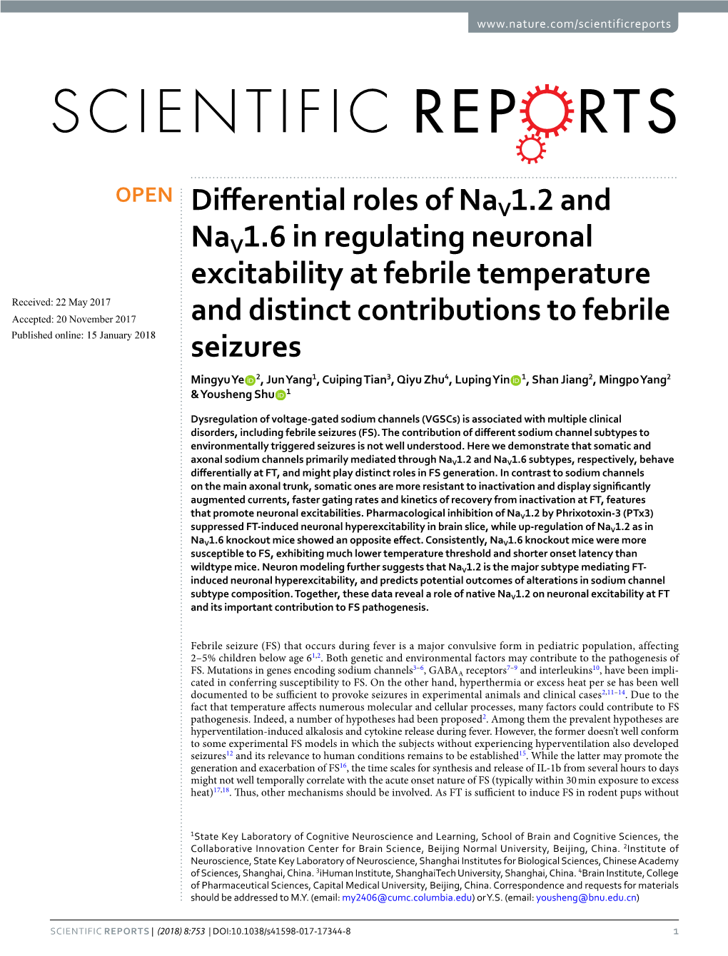 Differential Roles of Nav1.2 and Nav1.6 in Regulating Neuronal
