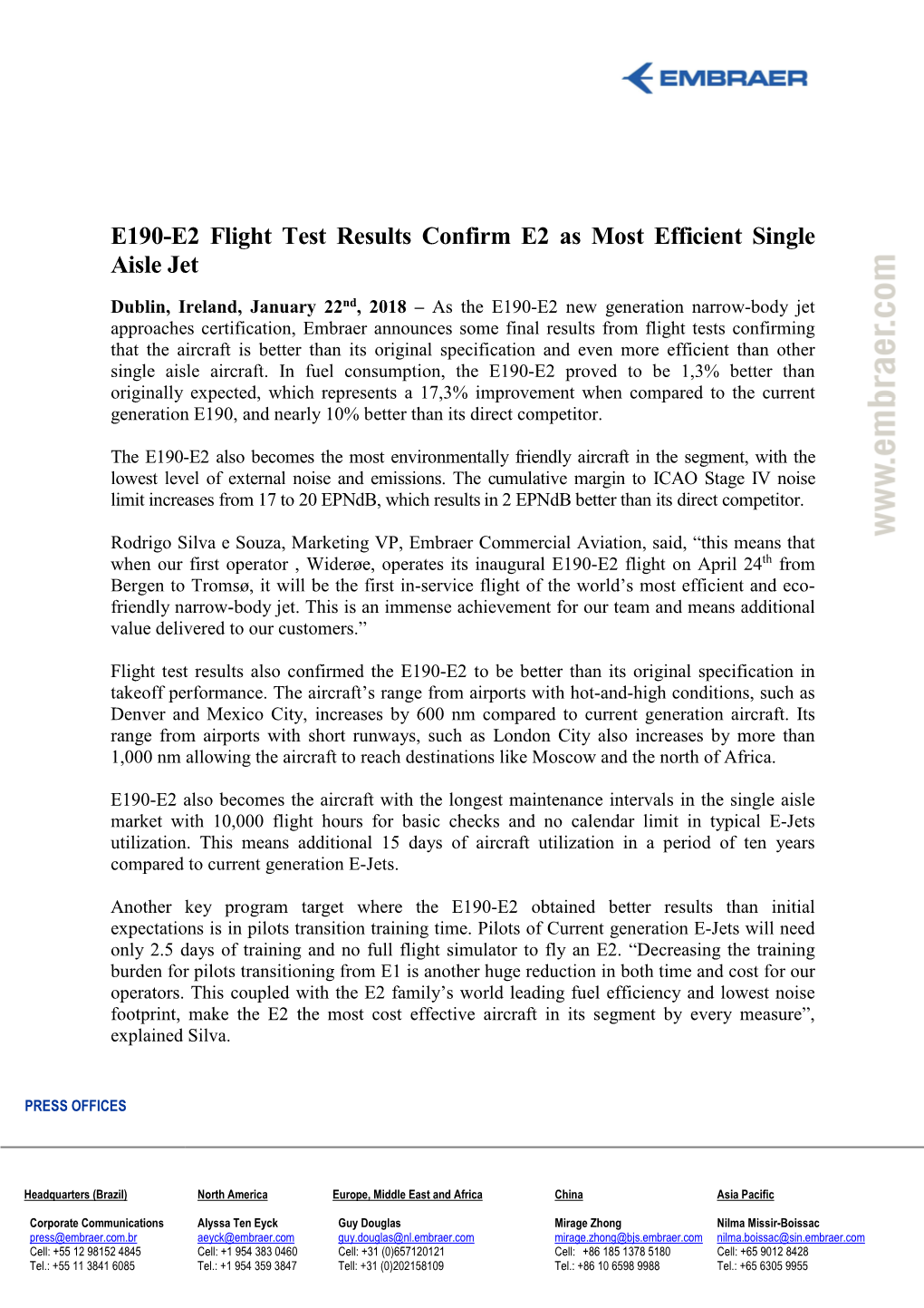 E190-E2 Flight Test Results Confirm E2 As Most Efficient Single Aisle Jet