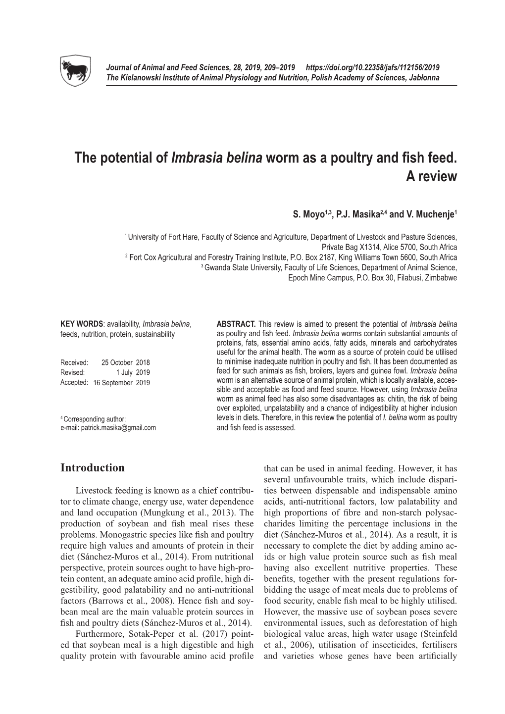 The Potential of Imbrasia Belina Worm As a Poultry and Fish Feed. a Review