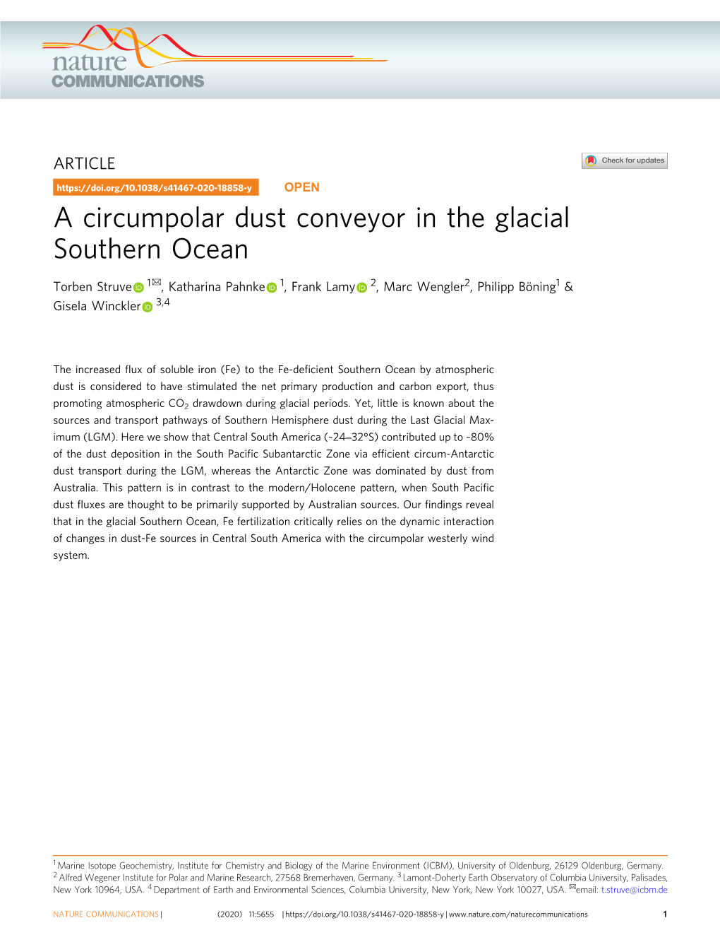 A Circumpolar Dust Conveyor in the Glacial Southern Ocean ✉ Torben Struve 1 , Katharina Pahnke 1, Frank Lamy 2, Marc Wengler2, Philipp Böning1 & Gisela Winckler 3,4