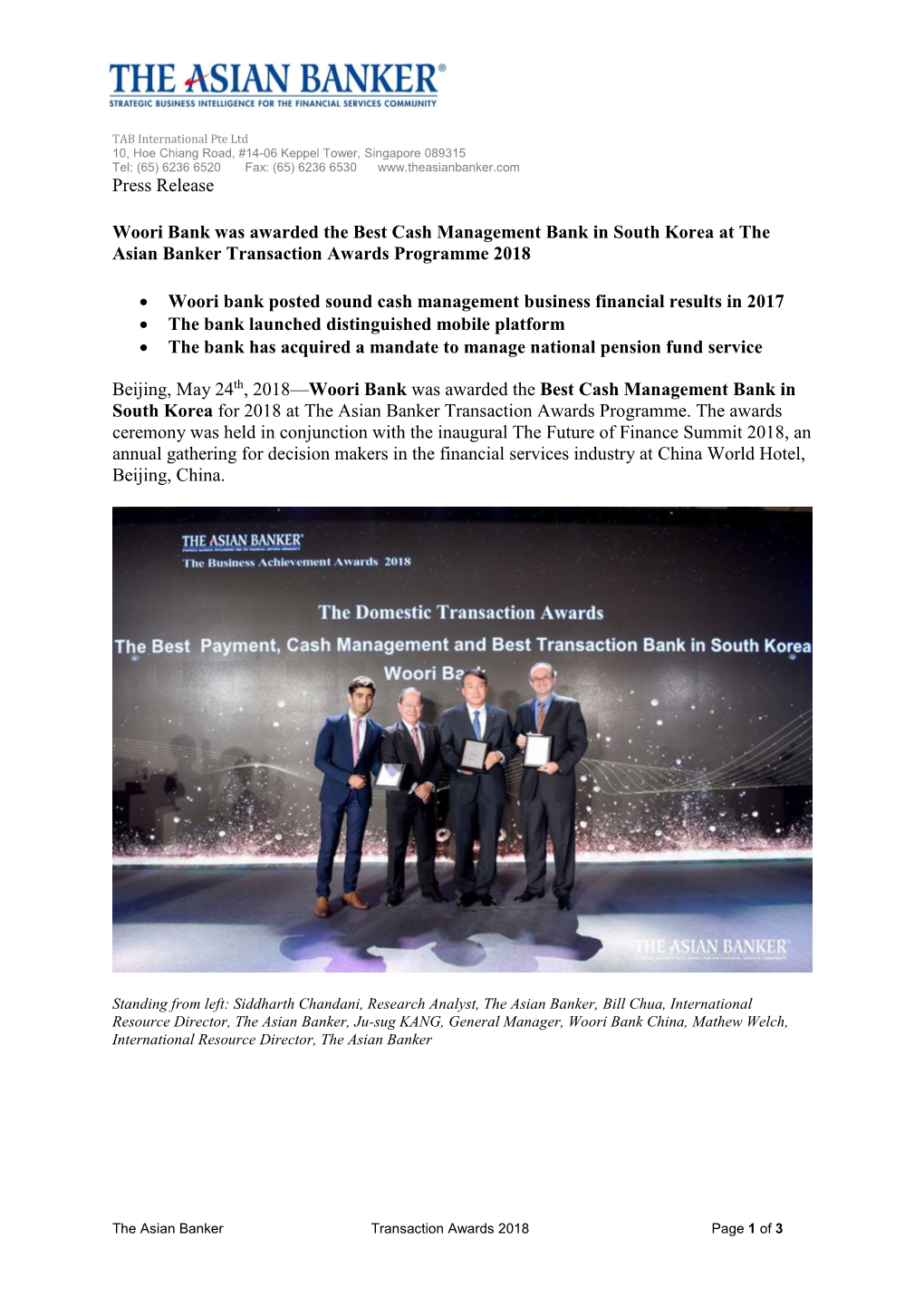 Press Release Woori Bank Was Awarded the Best Cash