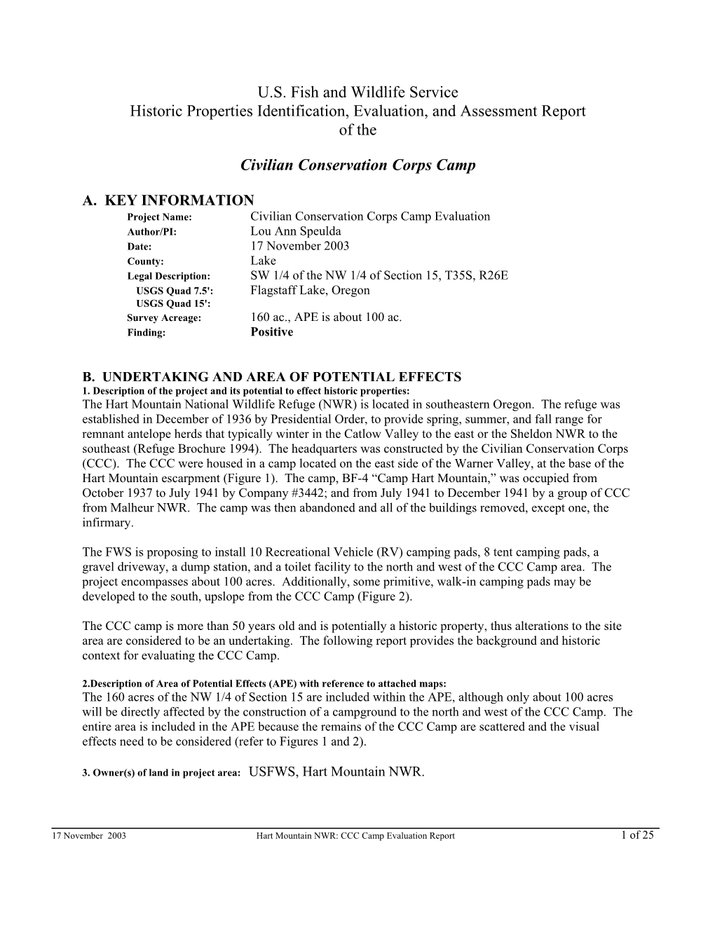 U.S. Fish and Wildlife Service Historic Properties Identification, Evaluation, and Assessment Report of The