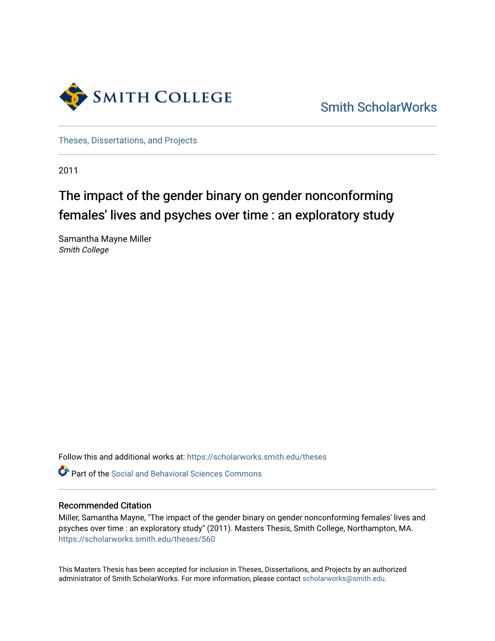 The Impact of the Gender Binary on Gender Nonconforming Females' Lives and Psyches Over Time : an Exploratory Study