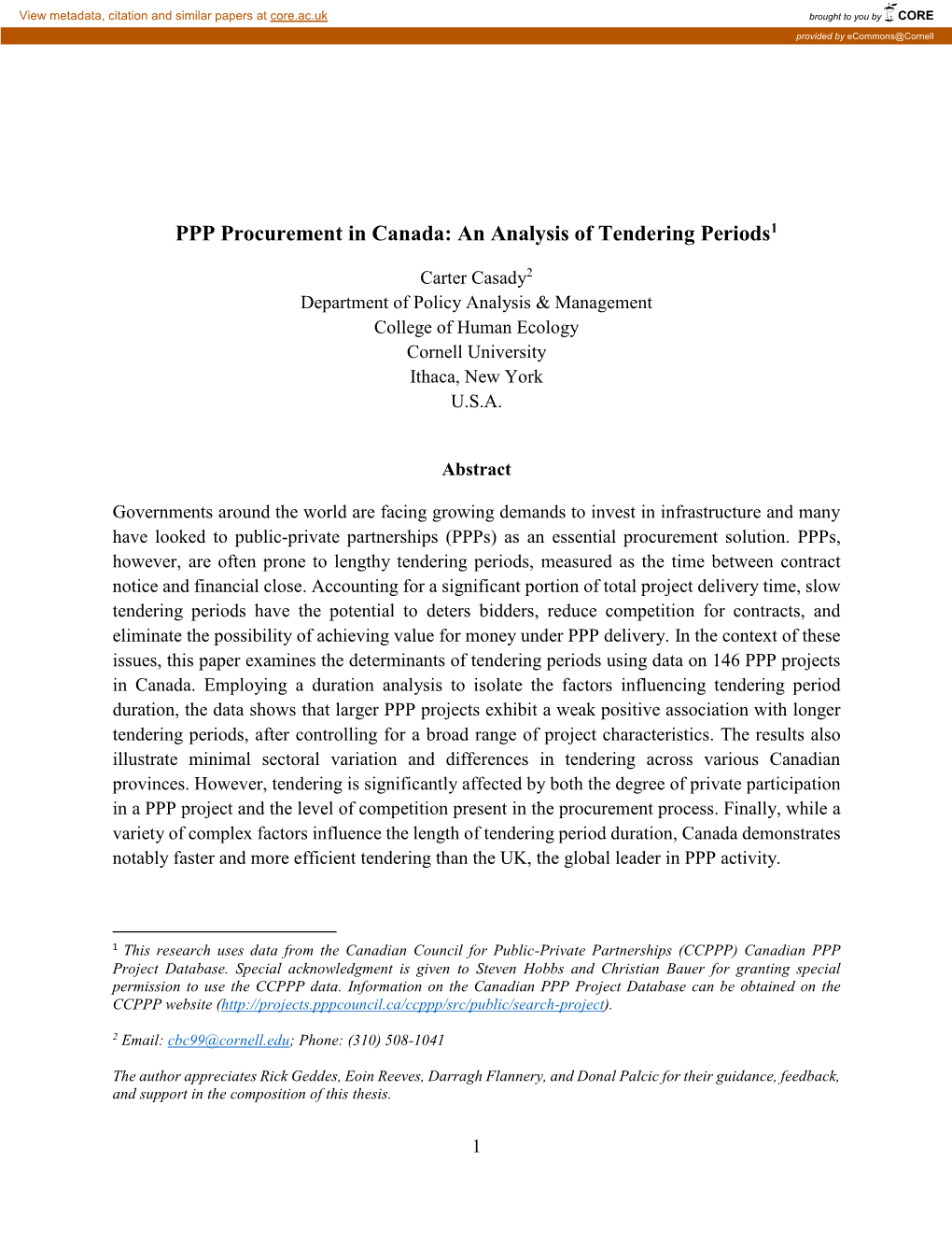 PPP Procurement in Canada: an Analysis of Tendering Periods1
