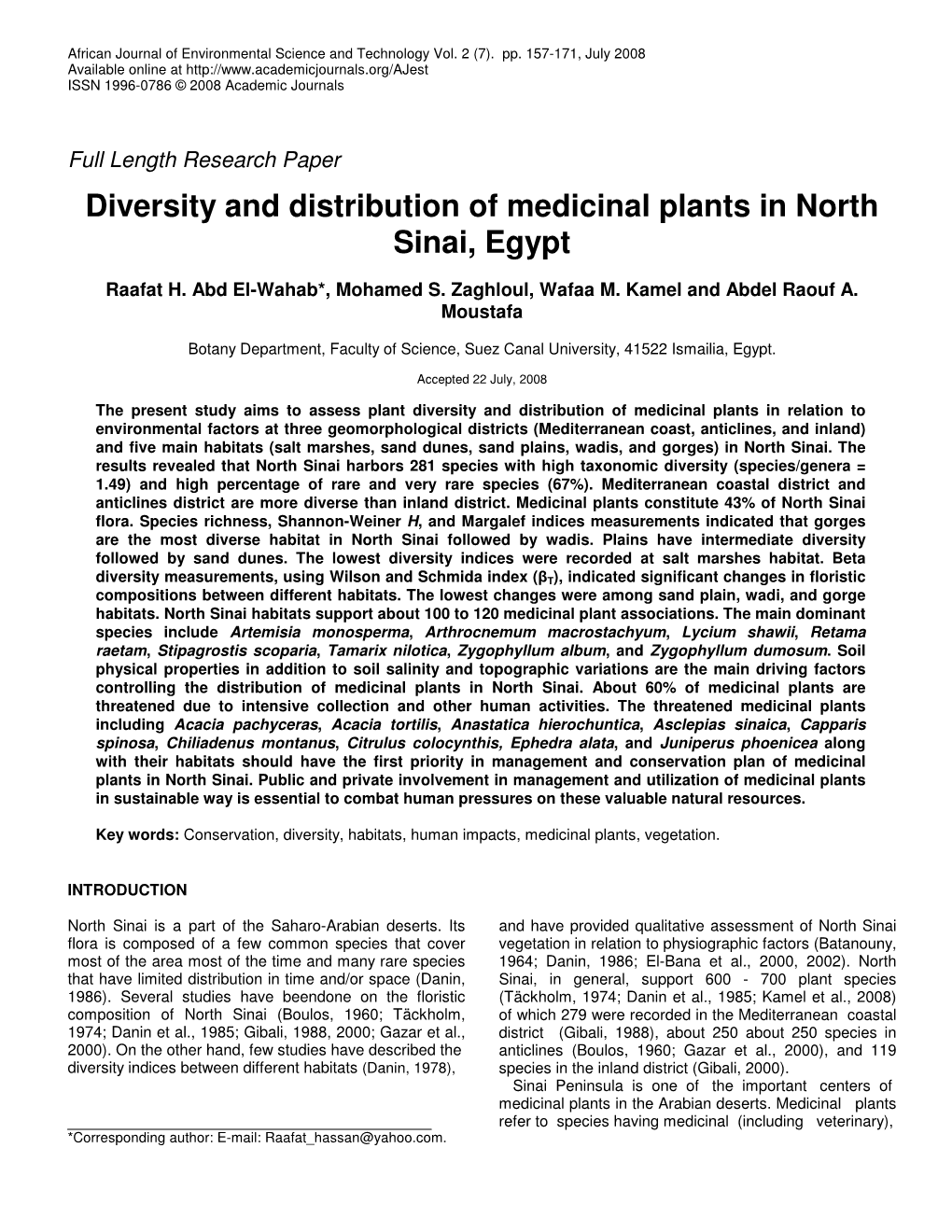 Diversity and Distribution of Medicinal Plants in North Sinai, Egypt