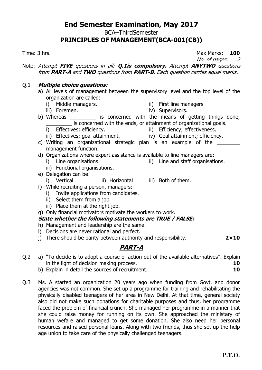 End Semester Examination, May 2017 BCA–Thirdsemester PRINCIPLES of MANAGEMENT(BCA-001(CB))