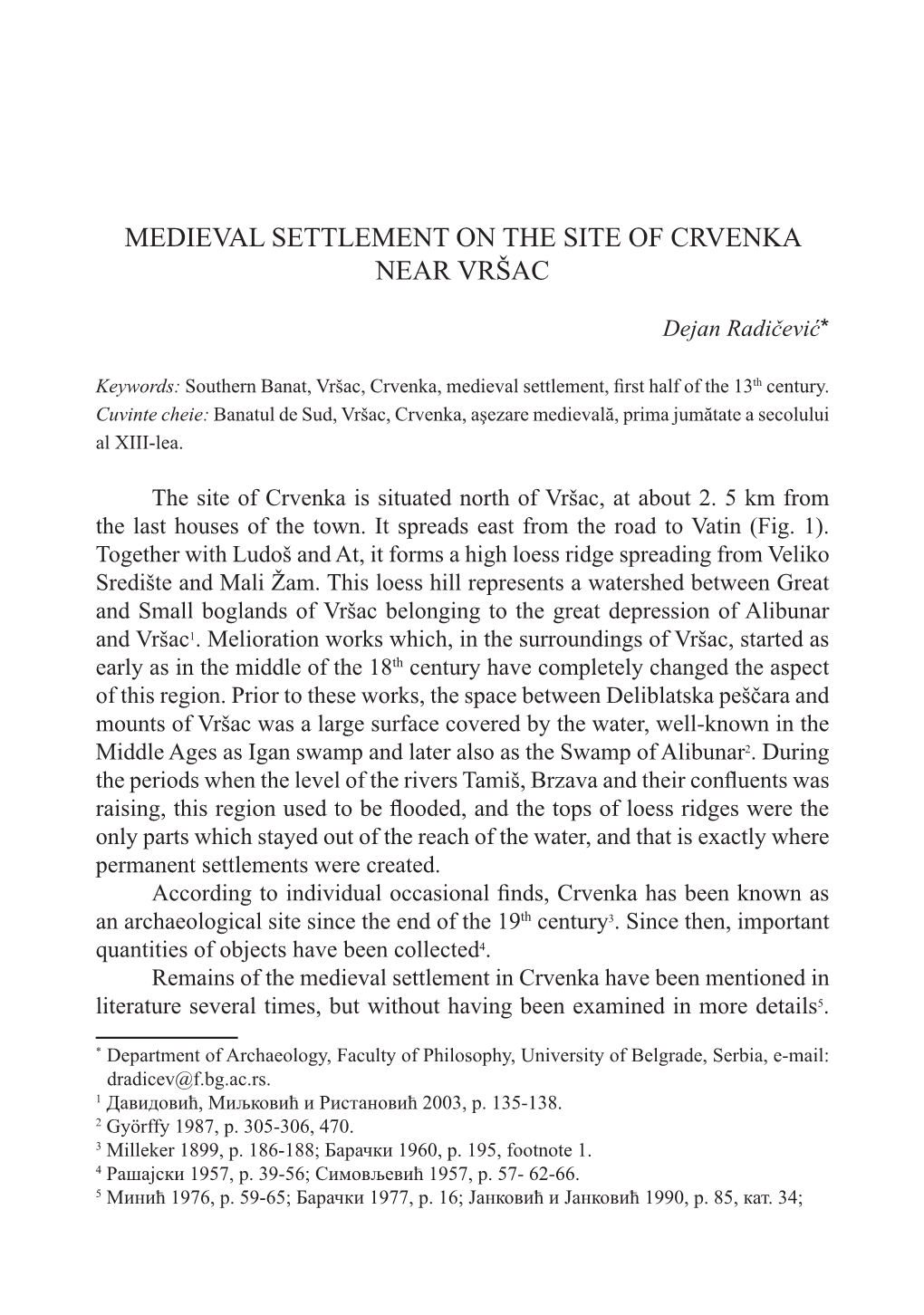 Medieval Settlement on the Site of Crvenka Near Vršac