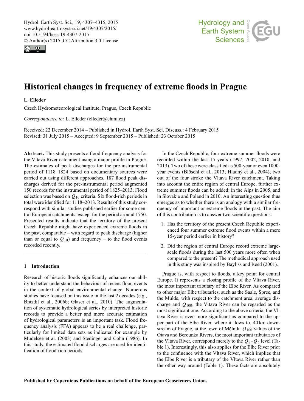 Historical Changes in Frequency of Extreme Floods in Prague