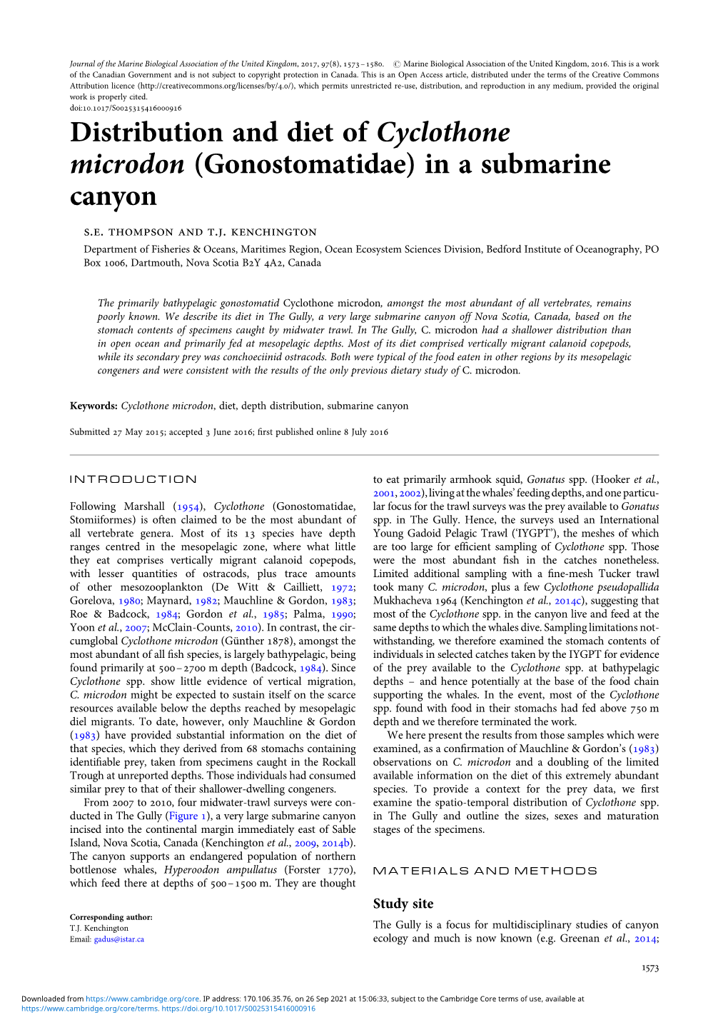 Distribution and Diet of Cyclothone Microdon (Gonostomatidae) in a Submarine Canyon S.E