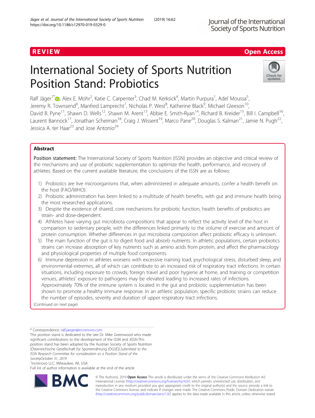 International Society of Sports Nutrition Position Stand: Probiotics Ralf Jäger1* , Alex E