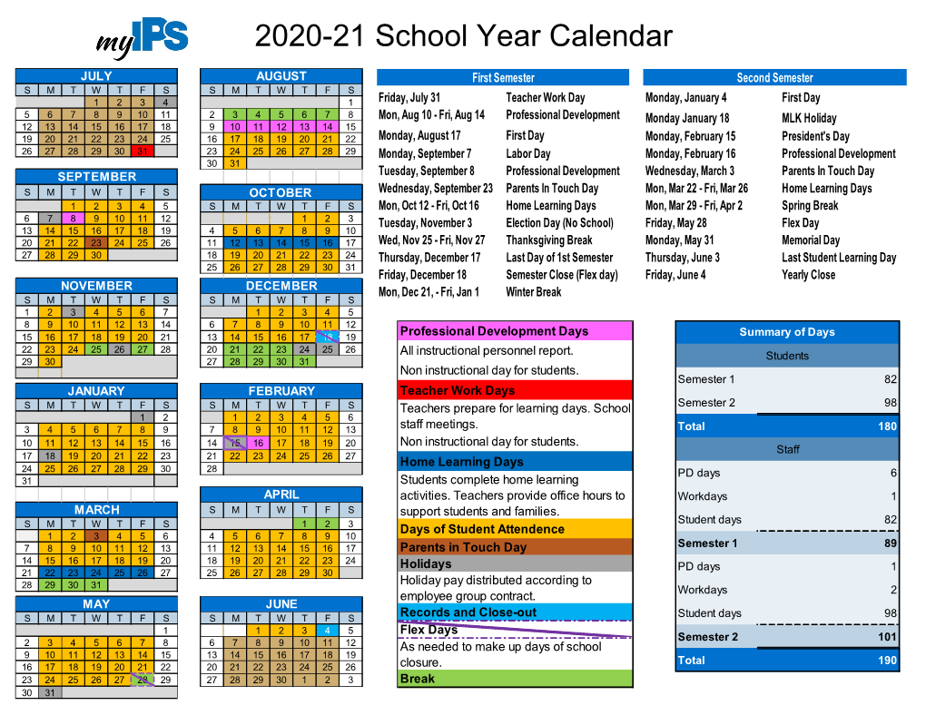 2020-21 School Year Calendar