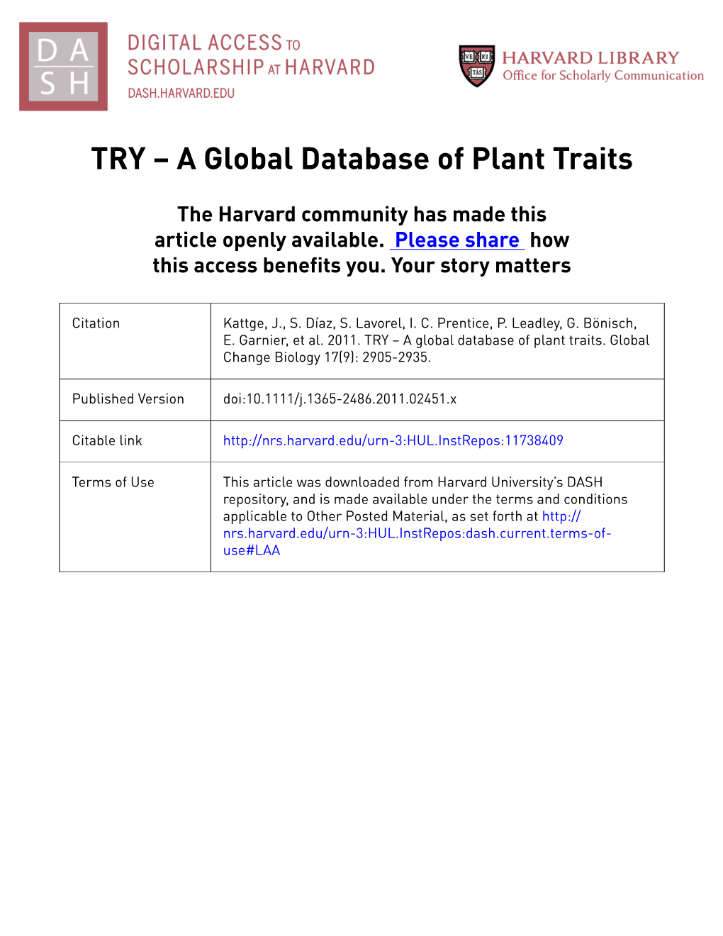 TRY a Global Database of Plant Traits