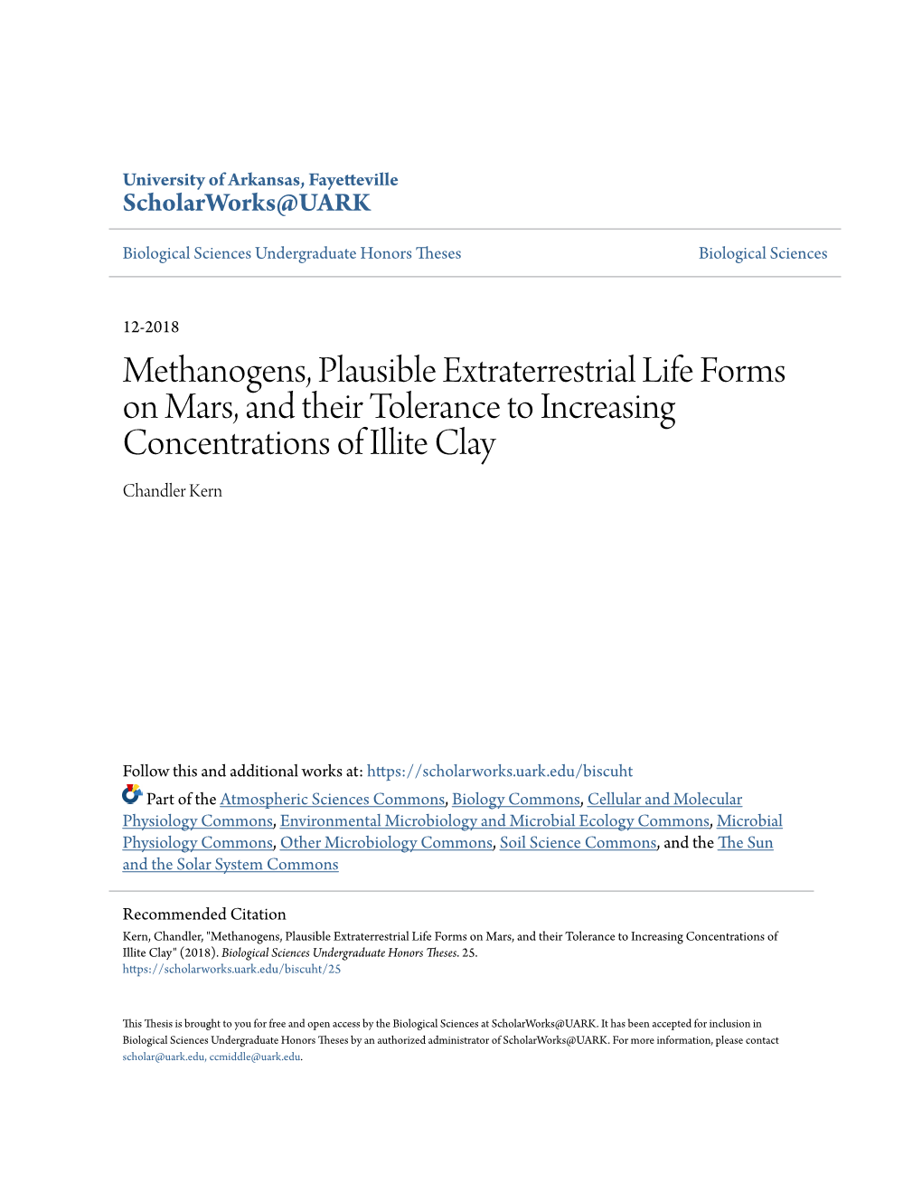 Methanogens, Plausible Extraterrestrial Life Forms on Mars, and Their Tolerance to Increasing Concentrations of Illite Clay Chandler Kern