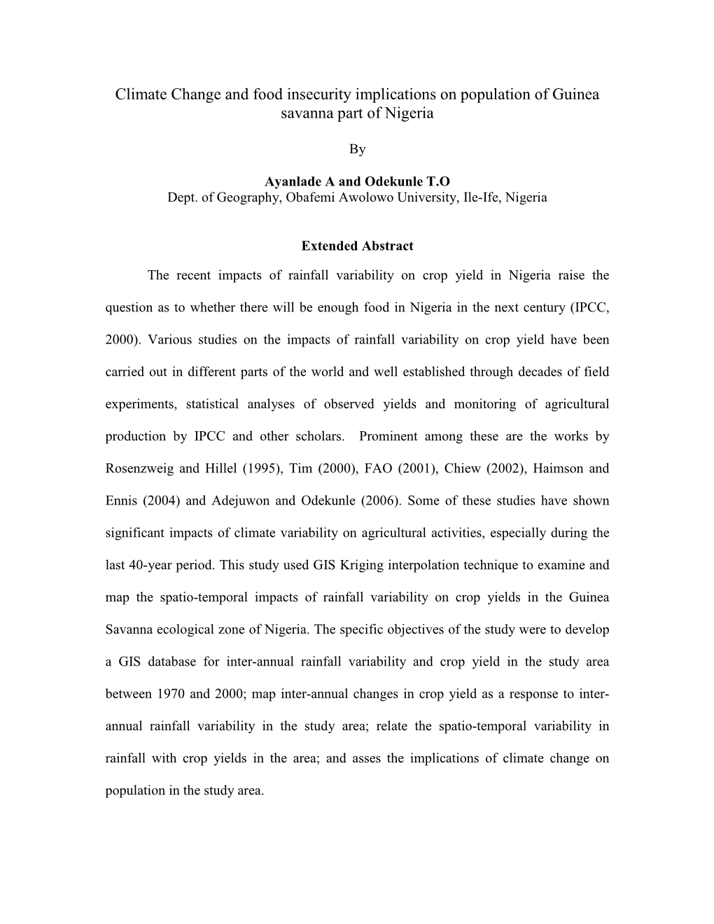 Climate Change and Food Insecurity Implications on Population of Guinea Savanna Part of Nigeria