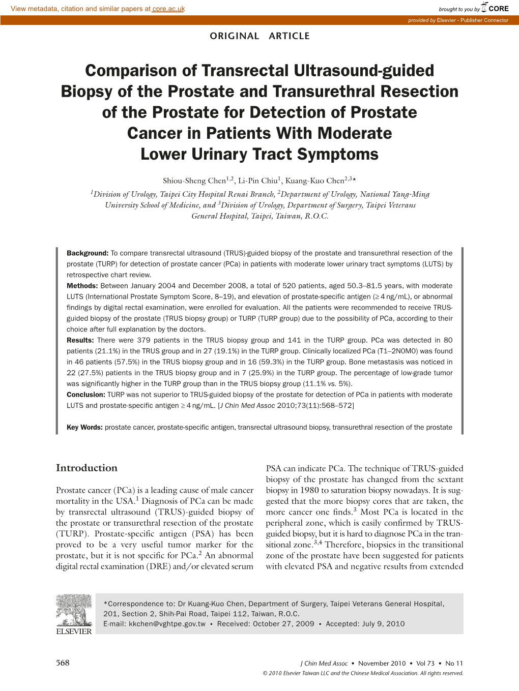 Comparison of Transrectal Ultrasound-Guided Biopsy of the Prostate And