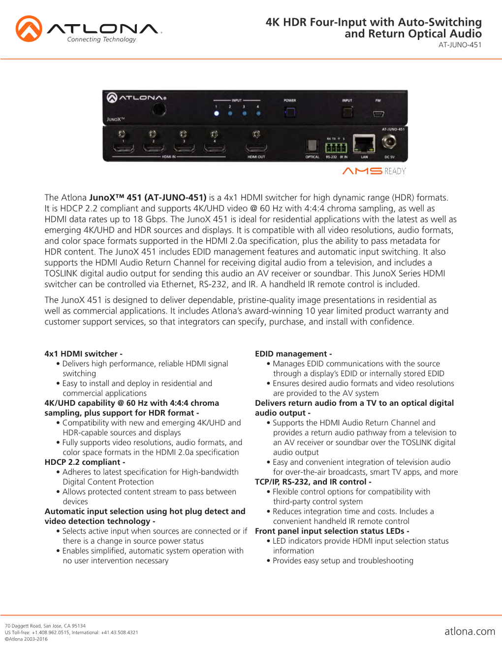 4K HDR Four-Input with Auto-Switching and Return Optical Audio AT-JUNO-451