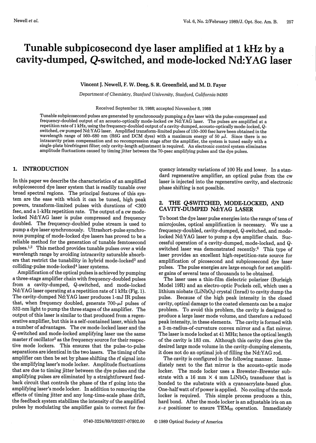 Tunable Subpicosecond Dye Laser Amplified at 1 Khz by a Cavity-Dumped, Q-Switched, and Mode-Locked Nd:YAG Laser