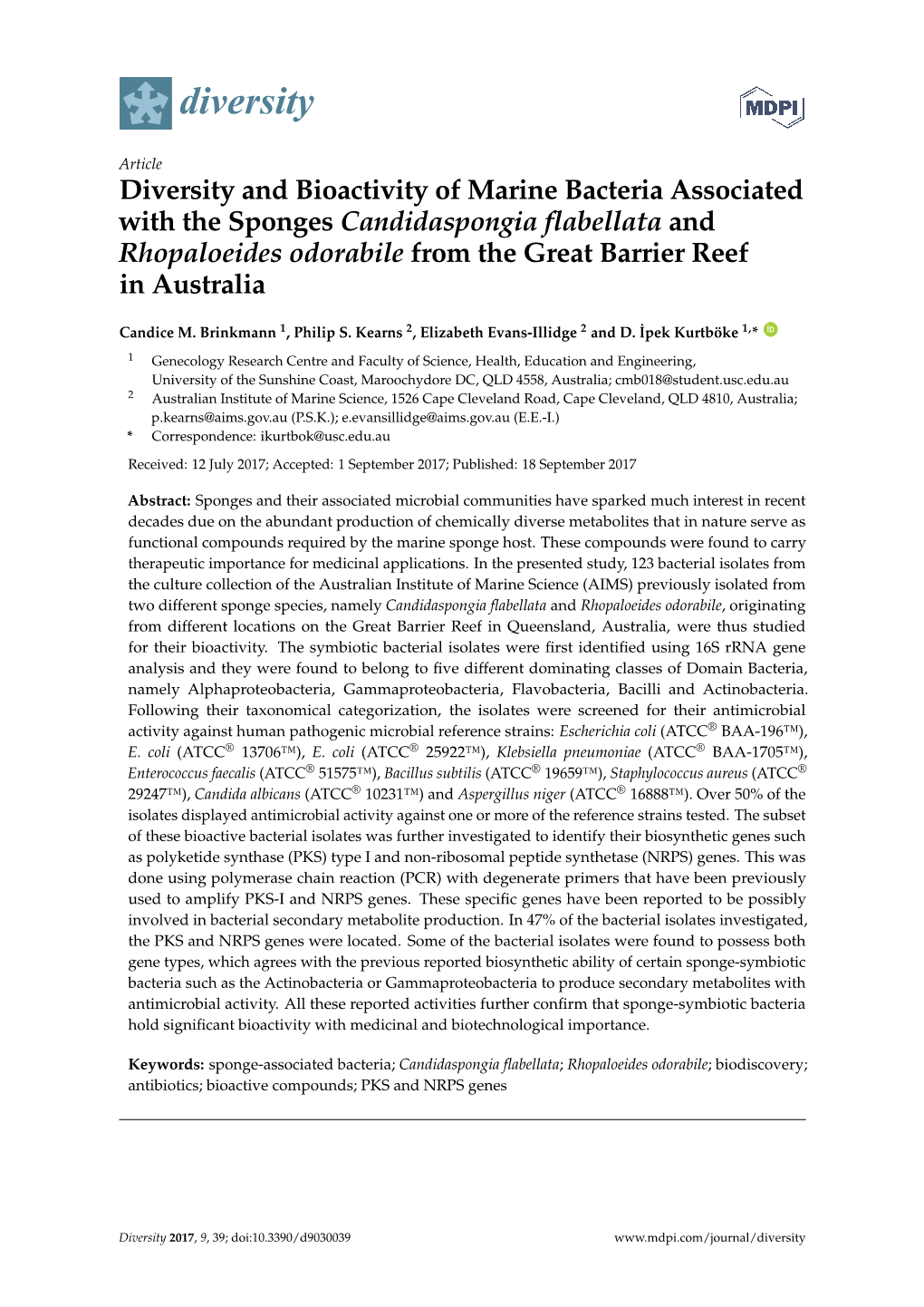 Diversity and Bioactivity of Marine Bacteria Associated with the Sponges Candidaspongia Flabellata and Rhopaloeides Odorabile from the Great Barrier Reef in Australia